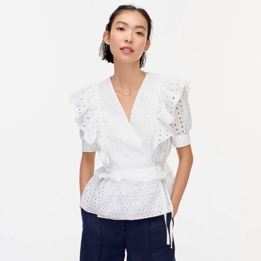 J.Crew White Eyelet Wrap Blouse with Ruffles